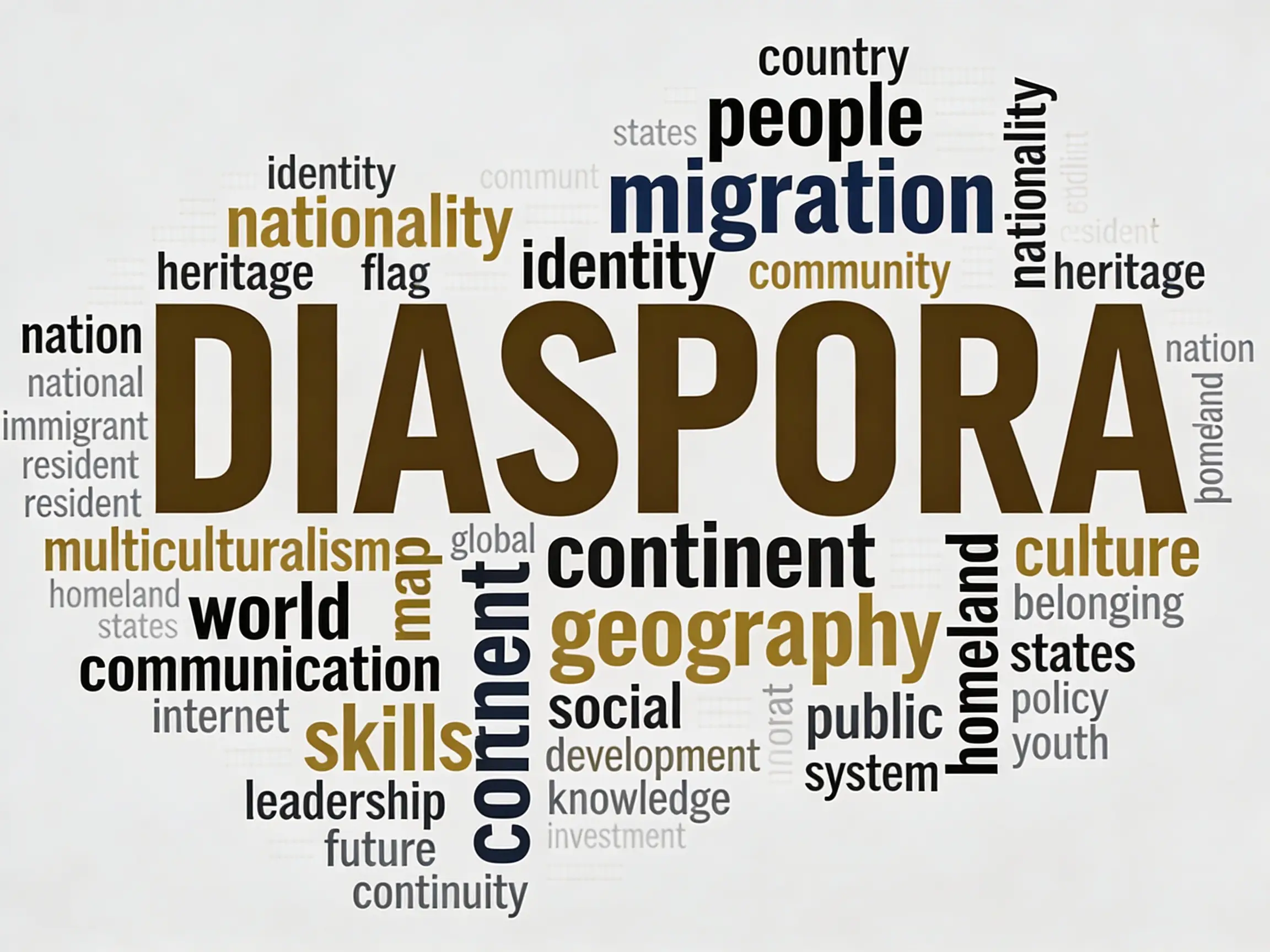 Word cloud centred on the word Diaspora with migration, identity, culture and heritage