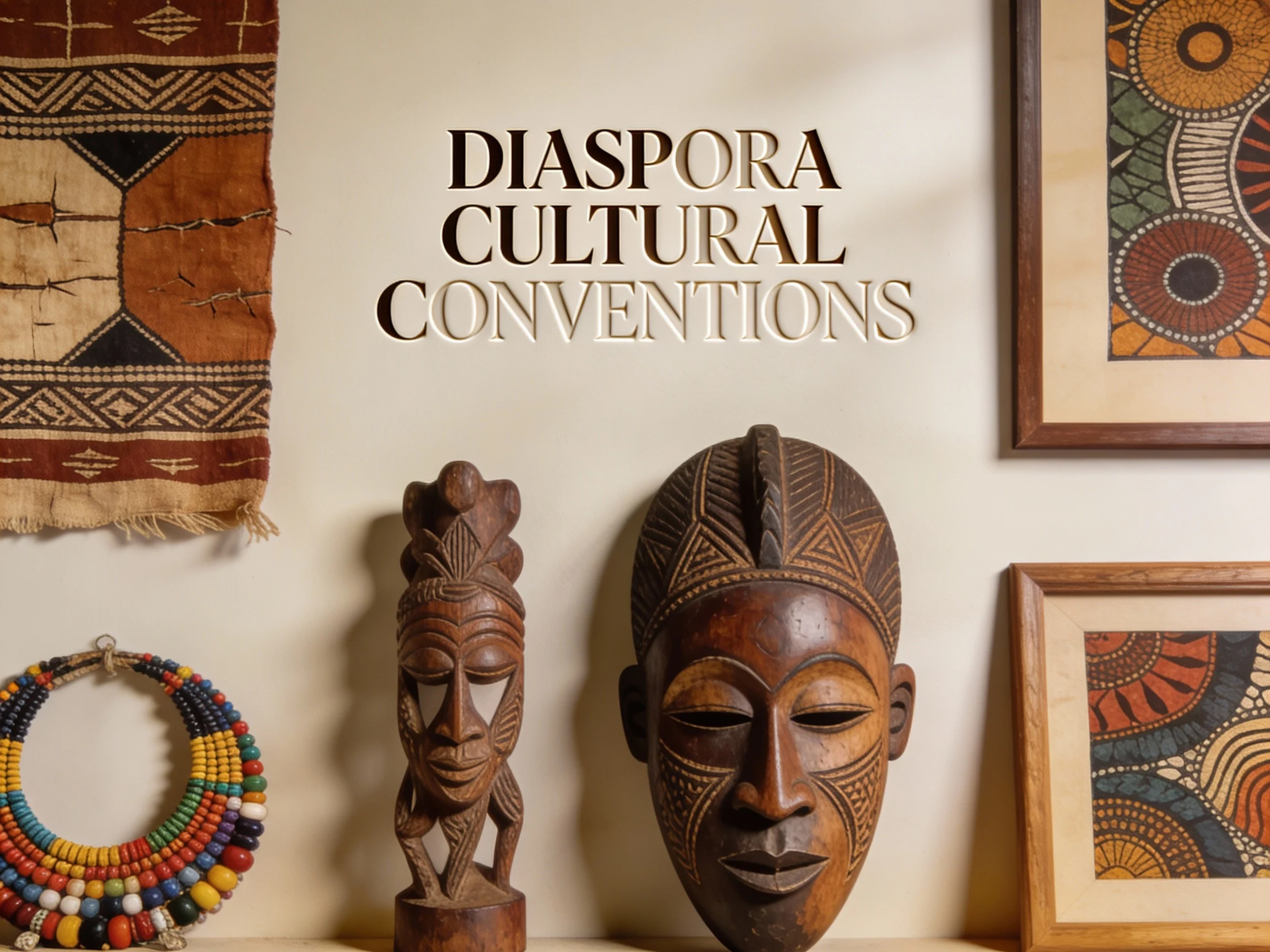 Diaspora Cultural Conventions title with carved African wooden masks and beadwork